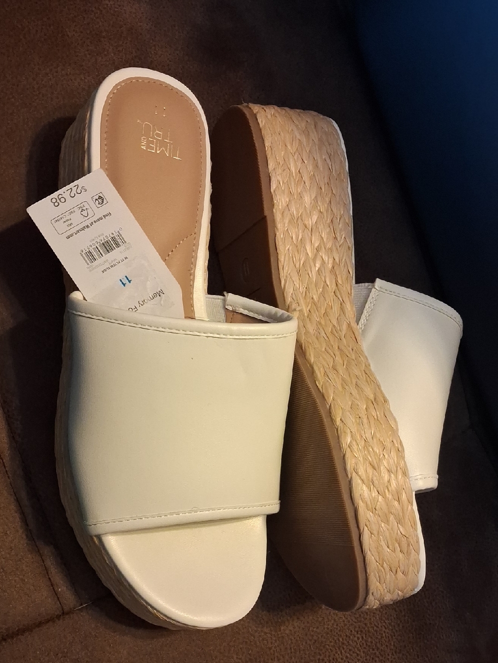 Time and Tru White Platform Slide Sandals With Raffia Trim Size 11